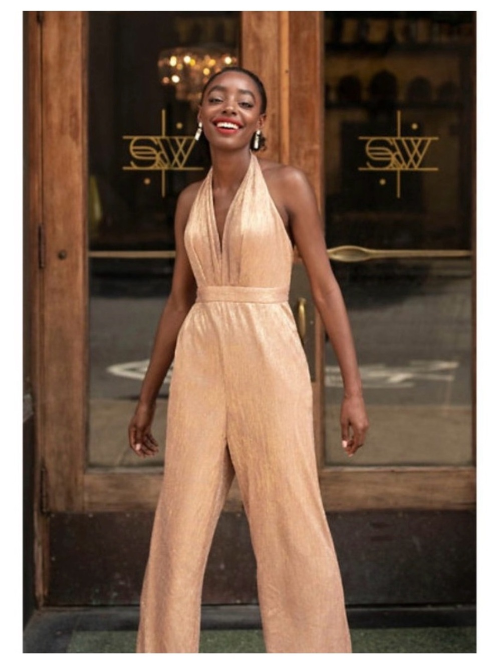 BHLDN Gold Halter Wide-Leg Jumpsuit